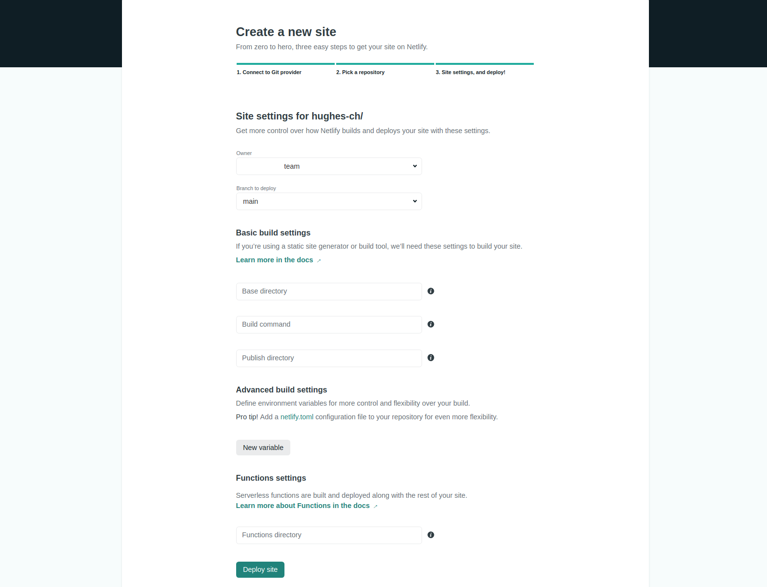 Settings page when initally hosting a repository on Netlify