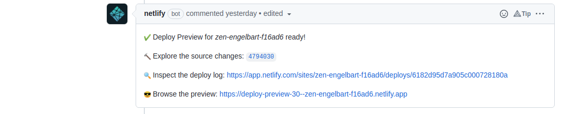 Netlify preview on Github pull request page