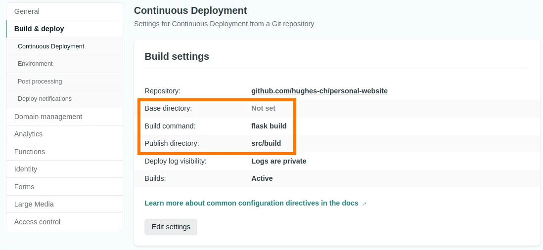 Site settings page with build settings highlighted