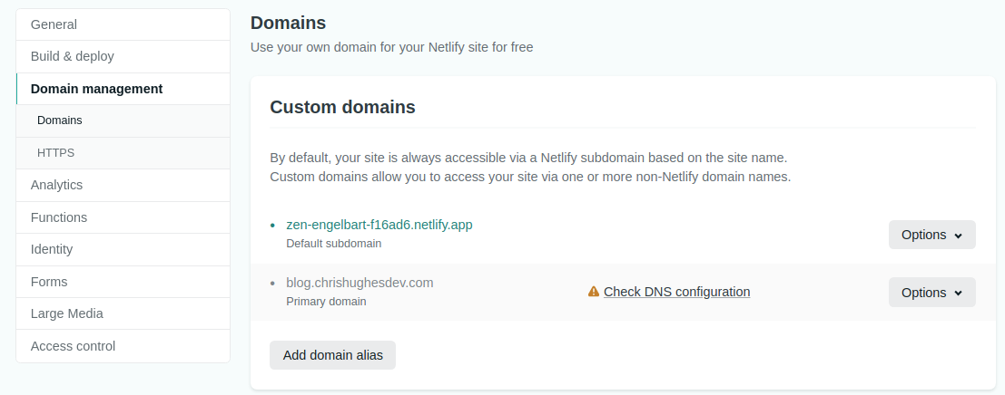 Domains settings page