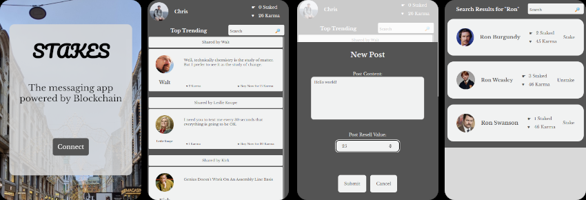 A preview of the "Stakes" app - a Web3 social media proof-of-concept
